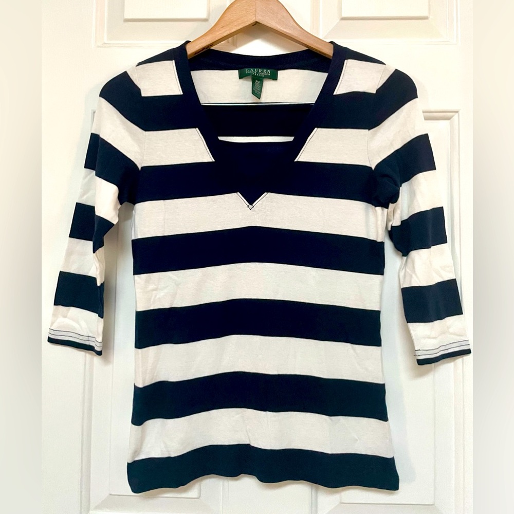 Ralph Lauren Cotton Navy/White Striped V-Neck Sweater